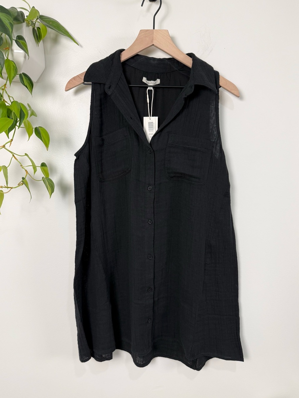 Z Supply New Light Mini Dress Sleeveless Button Front Black 100% Cotton Travel